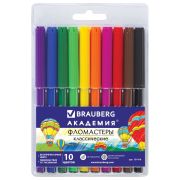 Brauberg Фломастеры 10 цв., «Академия», вентилируемый колпачок, ПВХ упаковка